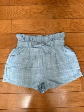 High-Waist Blue Plaid Paperbag Shorts with Self Tie